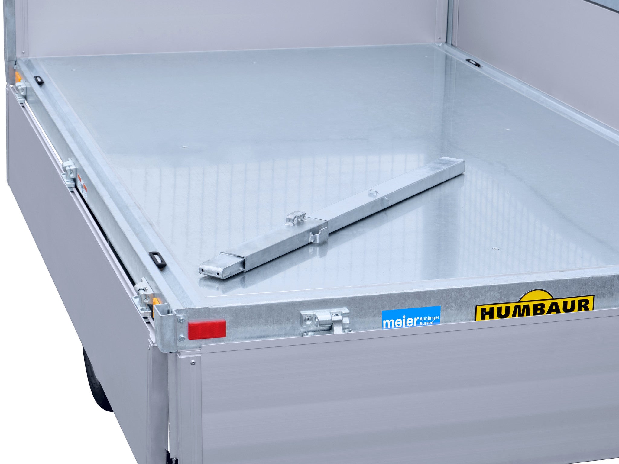 Humbaur Rückwärtskipper Typ HUK, Einachs, mit Gitteraufsatz, Detail Brückenboden, Blechboden und Eckpfosten