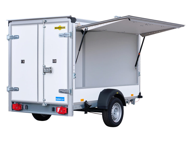 Humbaur Kofferanhänger Typ HK, Einachs Tieflader, Plywood, mit seitlicher Klappe