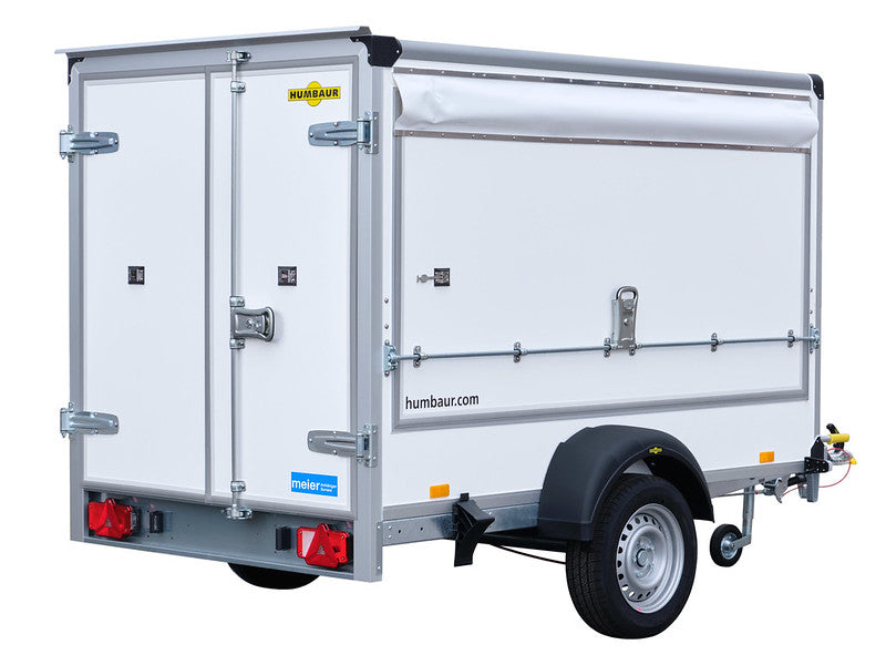 Humbaur Kofferanhänger Typ HK, Einachs Tieflader, Plywood, mit seitlicher Klappe