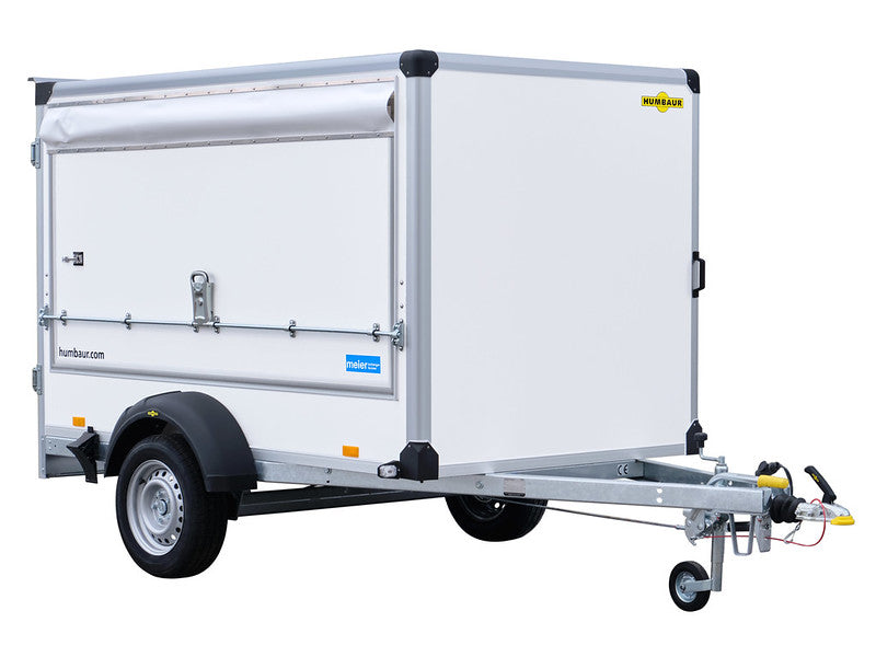 Humbaur Kofferanhänger Typ HK, Einachs Tieflader, Plywood, mit seitlicher Klappe