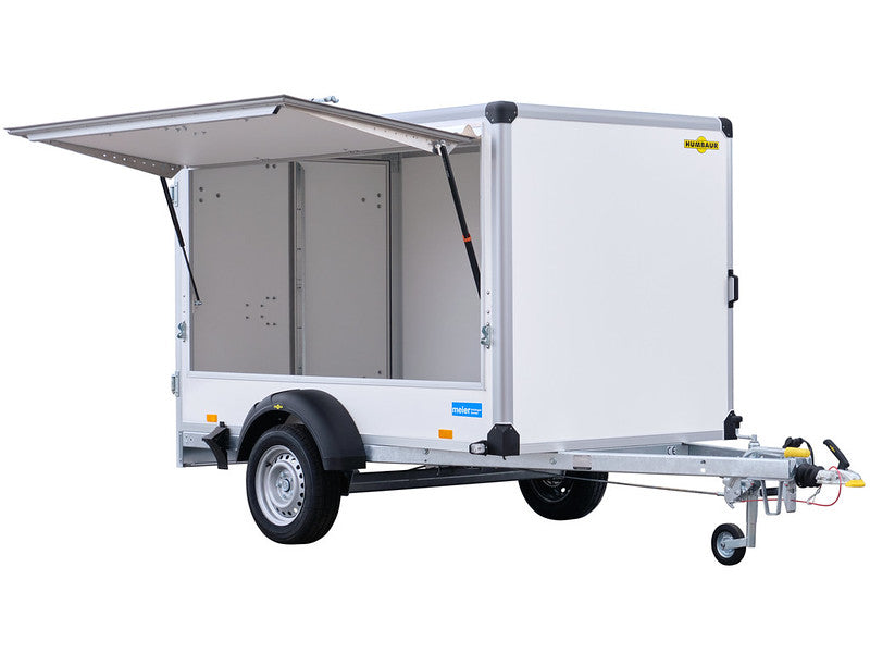 Humbaur Kofferanhänger Typ HK, Einachs Tieflader, Plywood, mit seitlicher Klappe