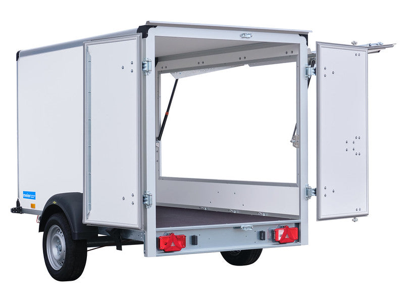 Humbaur Kofferanhänger Typ HK, Einachs Tieflader, Plywood, mit seitlicher Klappe