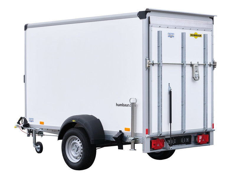 Humbaur Kofferanhänger Typ HK, Einachs Tieflader, Plywood, mit Überfahrwand und Schiebestützen