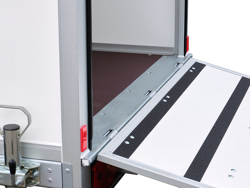 Humbaur Kofferanhänger Typ HK, Einachs Tieflader, Plywood, mit Überfahrwand und Schiebestützen