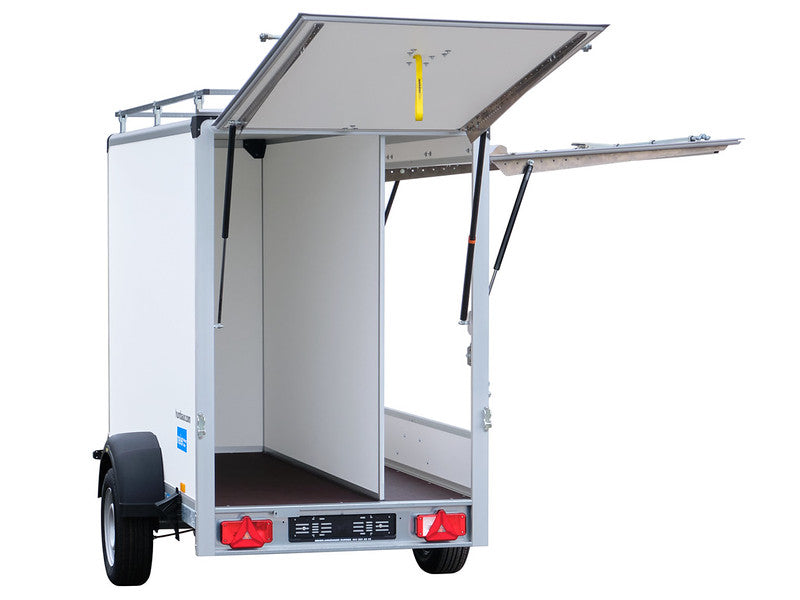 Remorque fourgon Humbaur type HK avec barres de toit, cloison de séparation, rabats arrière et latéraux