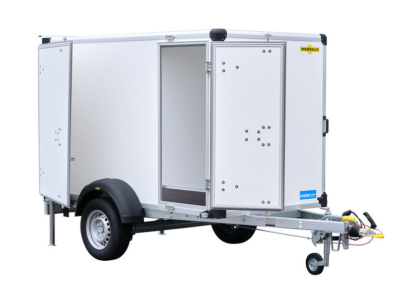 Anhänger für PKW -  Meier Anhänger Sursee Humbaur Kofferanhänger Typ HK, Einachs Tieflader, Plywood, Seitentüre und Stützen hinten