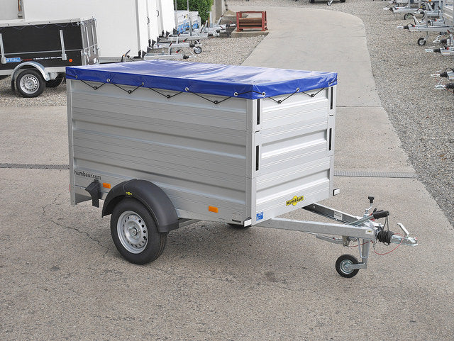 Humbaur Anhänger Typ HA, Einachs Tieflader, mit doppeltem Bordwandaufsatz, Flachplane und Stützen - Meier Anhänger AG