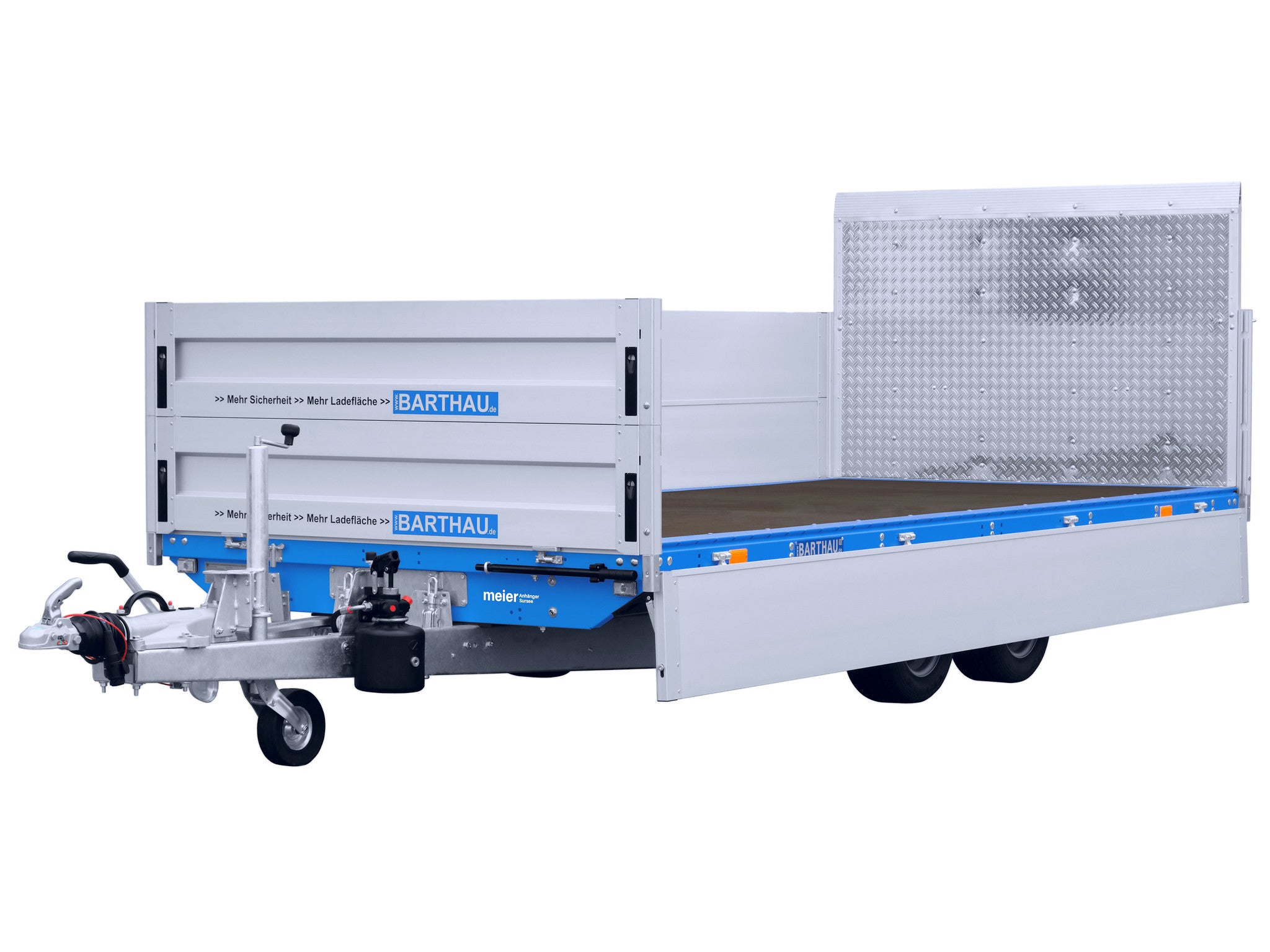 Barthau Anhänger Typ TK, 2700 bis 3000 kg, kippbar, verstärkt, mit Bordwanderhöhung Ansicht vorne, seitliche Bordwand geöffnet