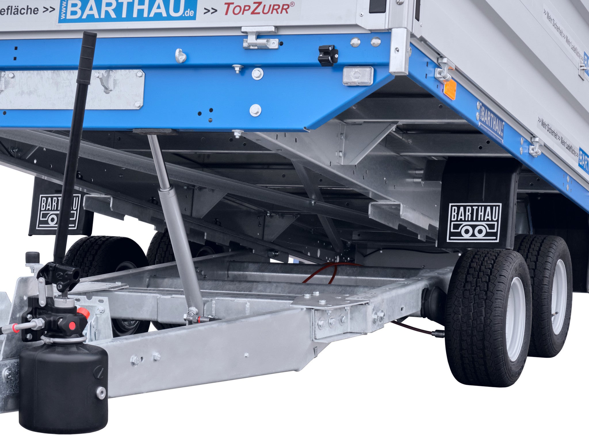 Barthau Anhänger Typ TK, 2700 bis 3000 kg, kippbar, verstärkt, mit Bordwanderhöhung Detail Achsen