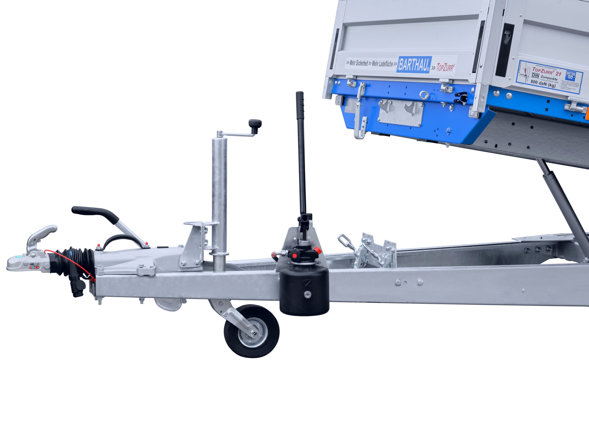 Barthau Anhänger Typ TK, 2700 bis 3000 kg, kippbar, verstärkt, mit Bordwanderhöhung Detail Hydraulik-Pumpe